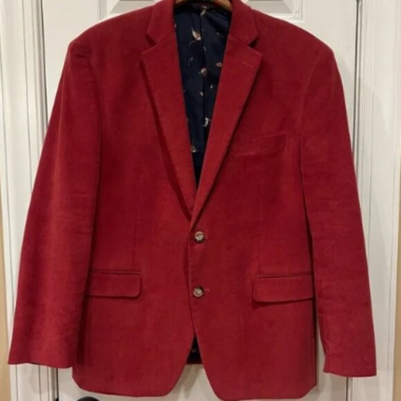 Lauren Ralph Lauren Red Corduroy Blazer Elbow Patches Duck Lining SZ 40S - Picture 1 of 6